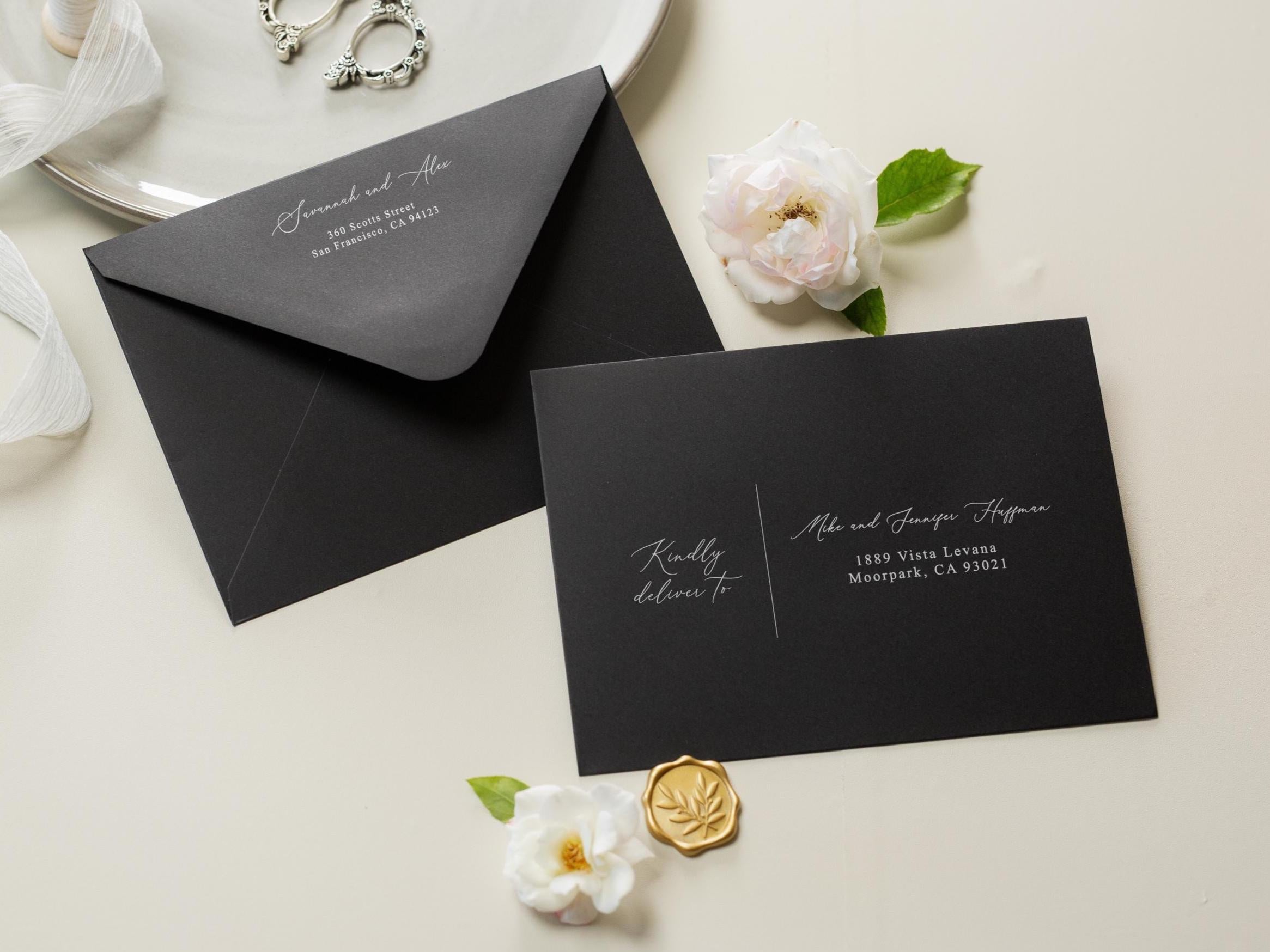 A7 envelope address printing (d6) - with white or blank ink custom wedding guest invitation black navy green return envelopes personalized