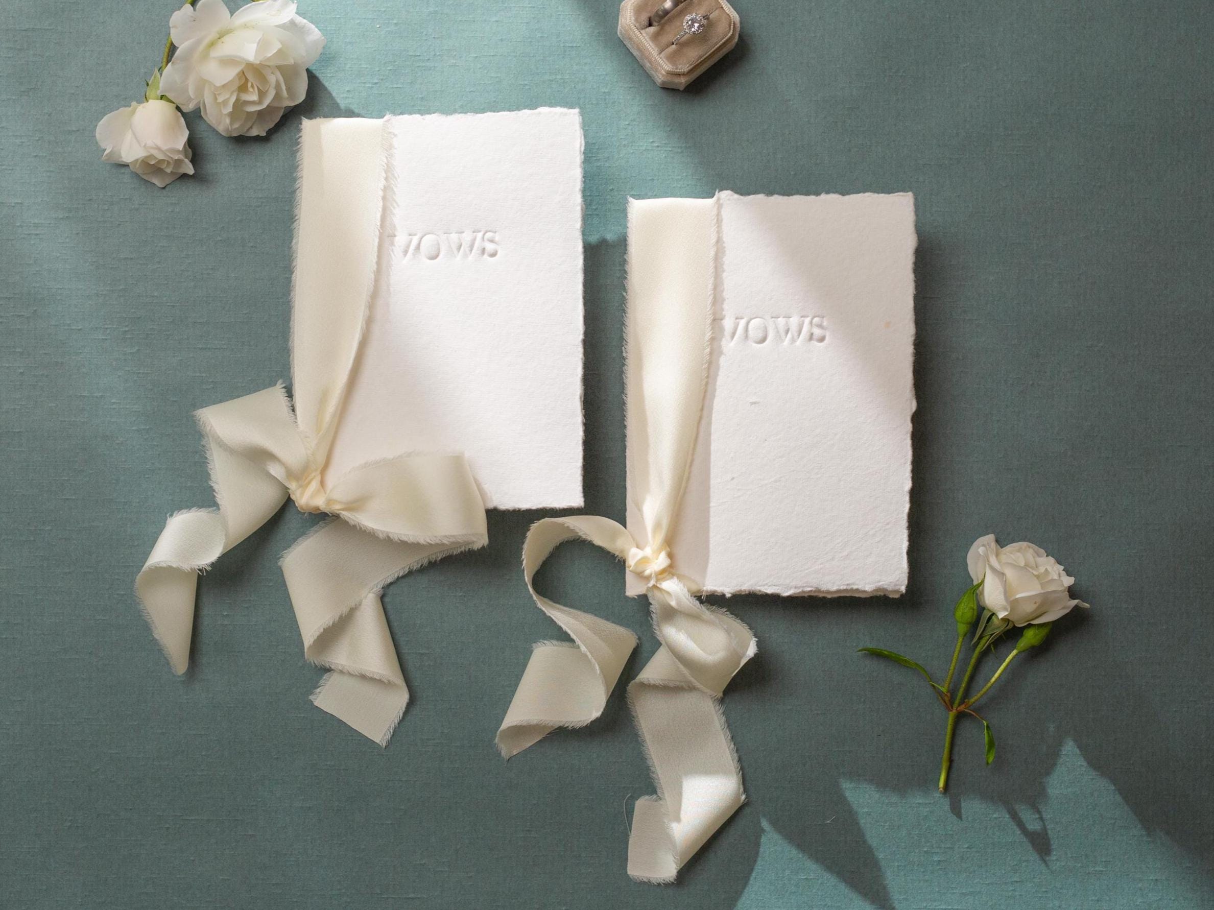 Embossed Deckled Edge Wedding Vow Booklets - Set of 2, Vow Books w/ Ribbon, Vow Renewals, Raw Edge Paper, Ready to Ship, 5x7"