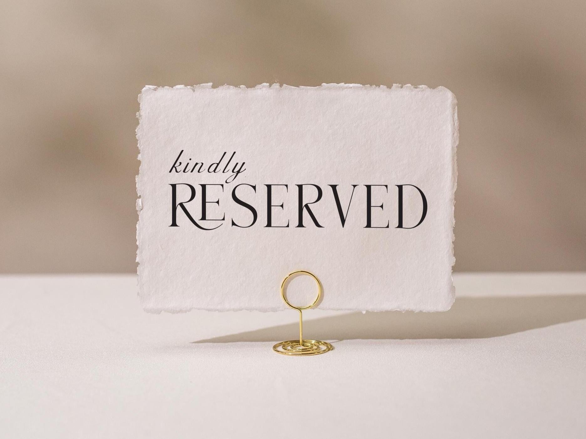 Kindly Reserved Sign Deckle Edge Paper (Design 11) - Bride Groom Family Section Wedding Ceremony Reception Event Decor Signage Ready to Ship