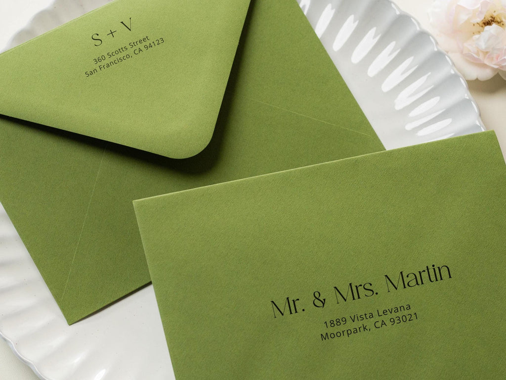 A7 envelope address printing (d5) - with white or black ink custom wedding guest invitation black navy green return envelopes personalized