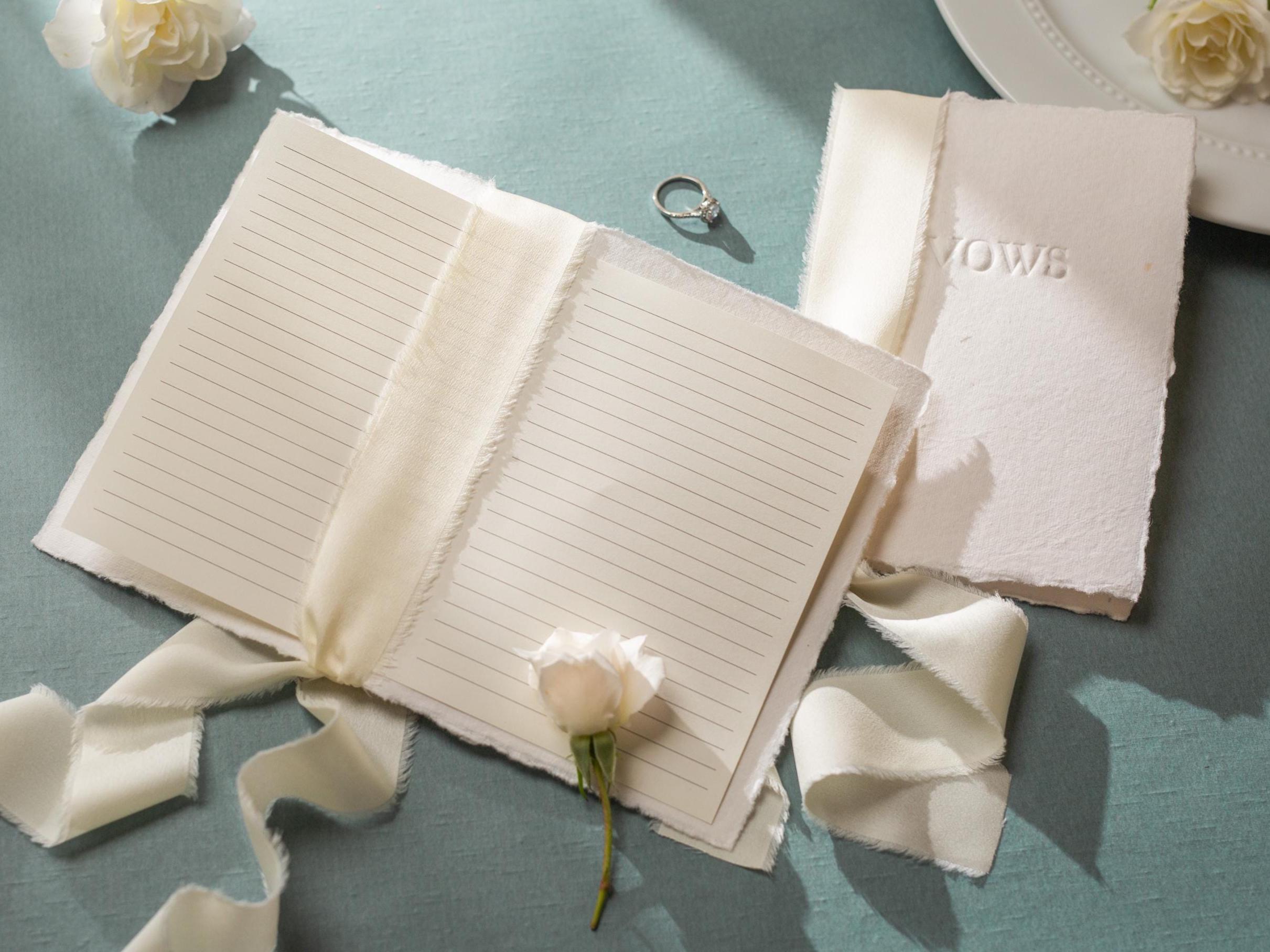 Embossed Deckled Edge Wedding Vow Booklets - Set of 2, Vow Books w/ Ribbon, Vow Renewals, Raw Edge Paper, Ready to Ship, 5x7"