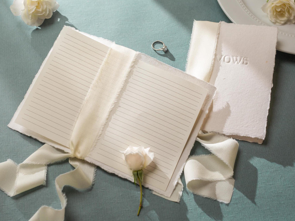 Embossed Deckled Edge Wedding Vow Booklets - Set of 2, Vow Books w/ Ribbon, Vow Renewals, Raw Edge Paper, Ready to Ship, 5x7"
