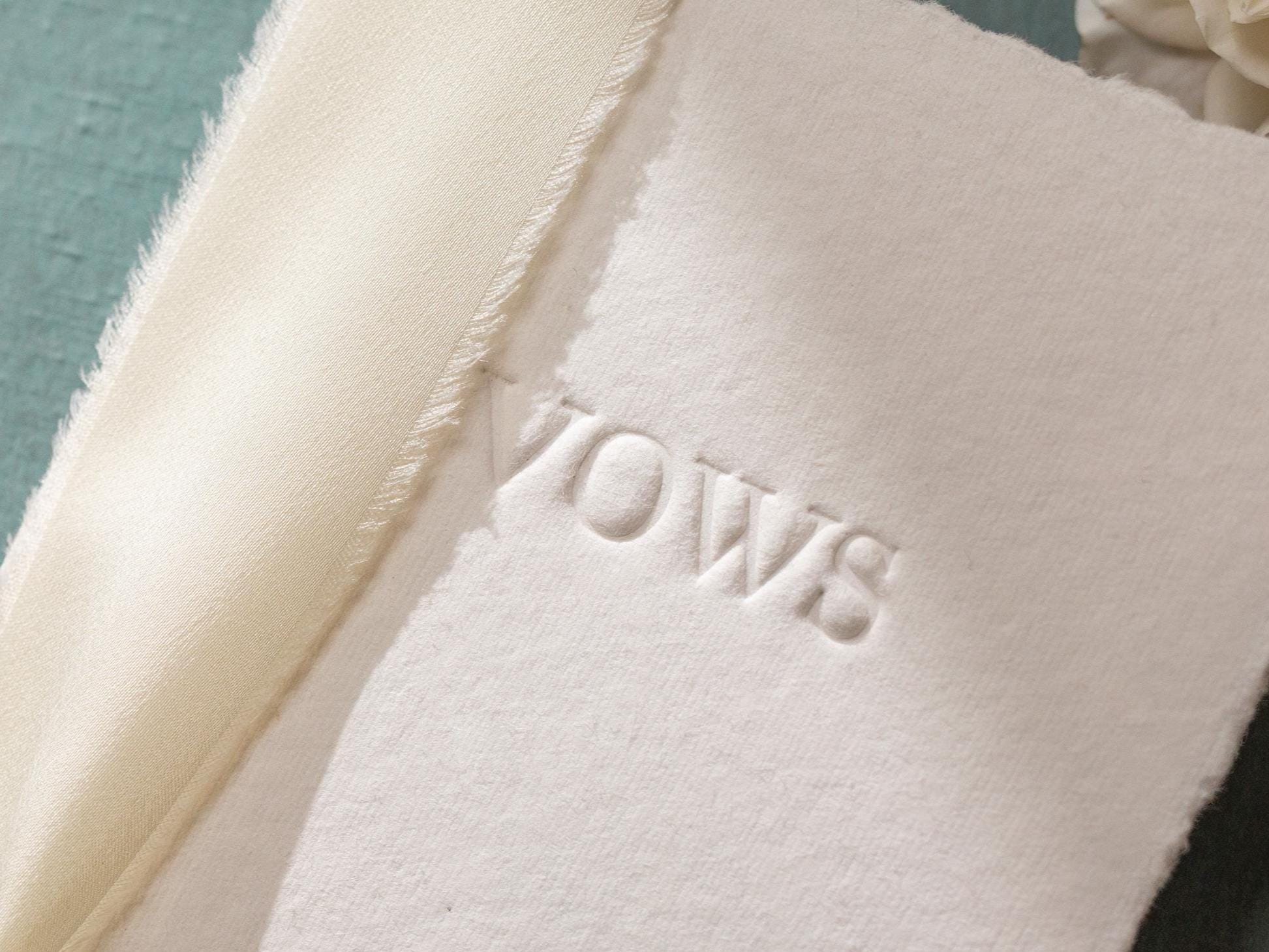 Embossed Deckled Edge Wedding Vow Booklets - Set of 2, Vow Books w/ Ribbon, Vow Renewals, Raw Edge Paper, Ready to Ship, 5x7"