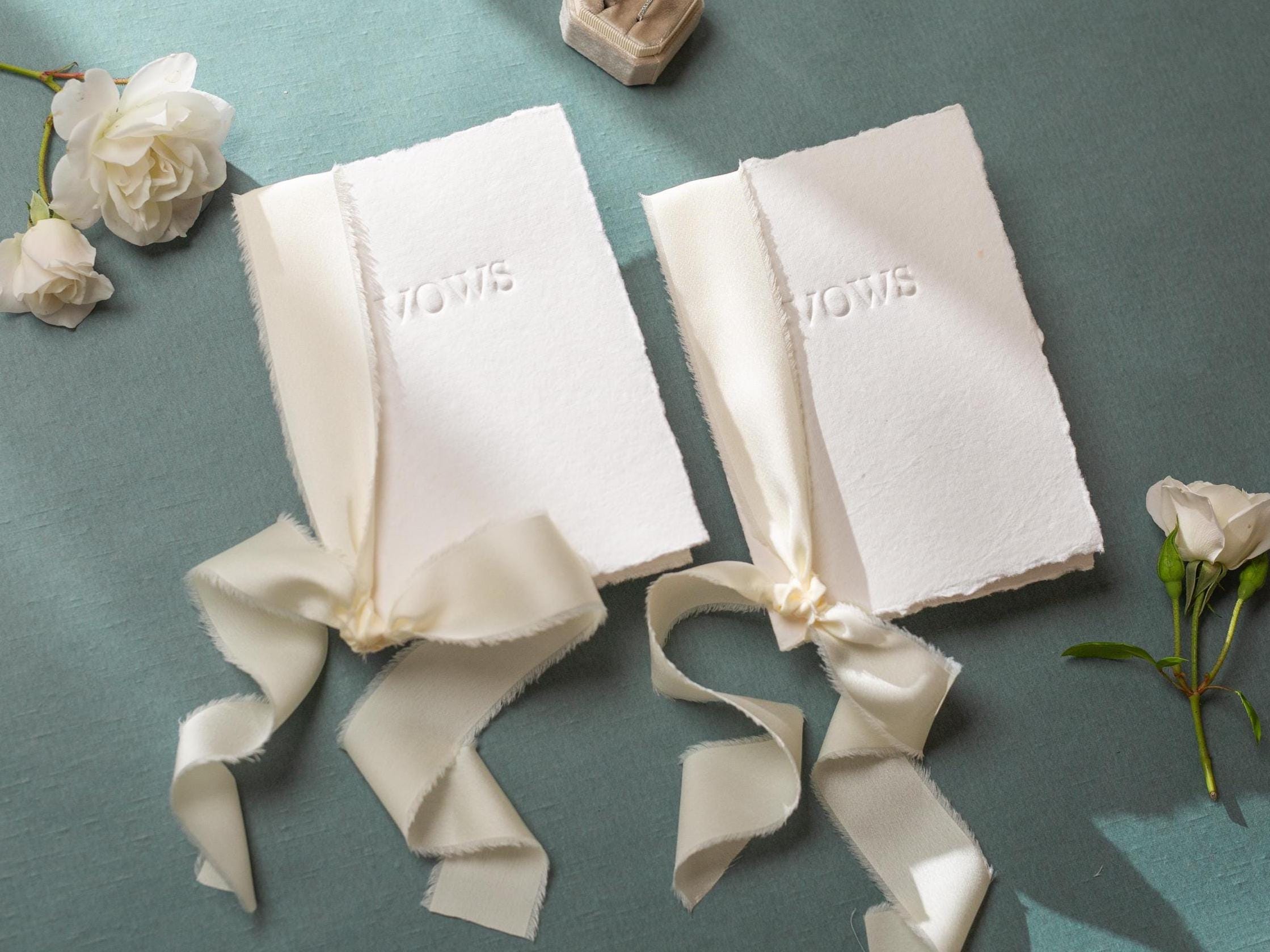 Embossed Deckled Edge Wedding Vow Booklets - Set of 2, Vow Books w/ Ribbon, Vow Renewals, Raw Edge Paper, Ready to Ship, 5x7"