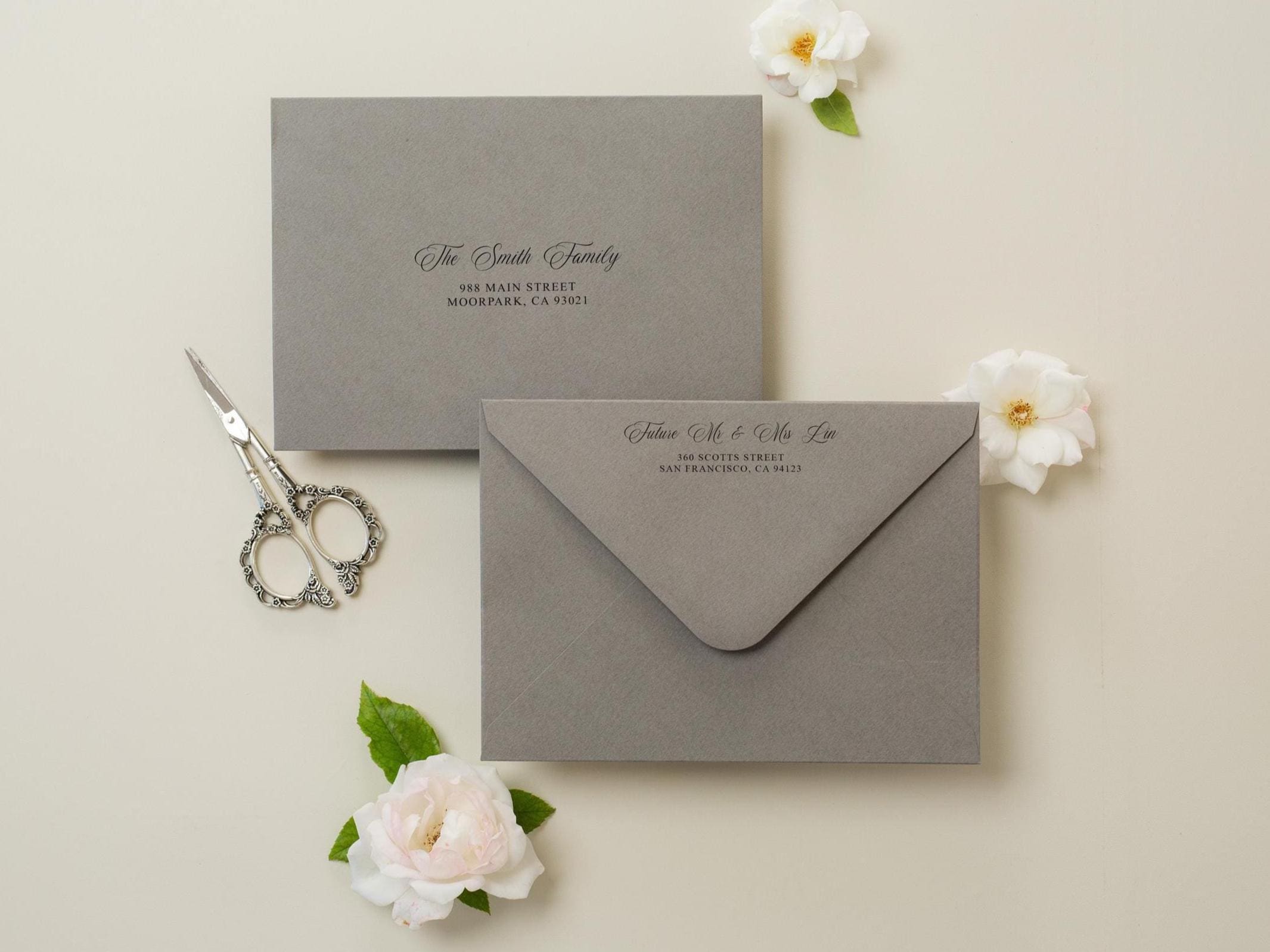 A7 envelope address printing (d2) - custom white or black ink printing guests names invitation return envelopes personalized black gray