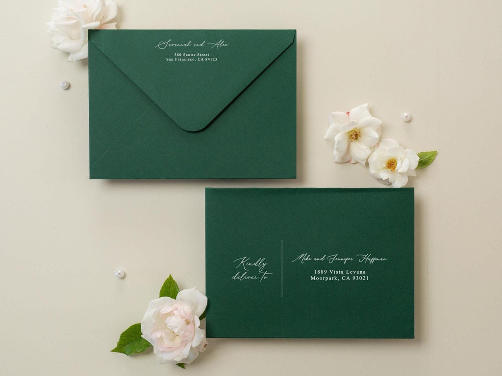 A7 envelope address printing (d6) - with white or blank ink custom wedding guest invitation black navy green return envelopes personalized