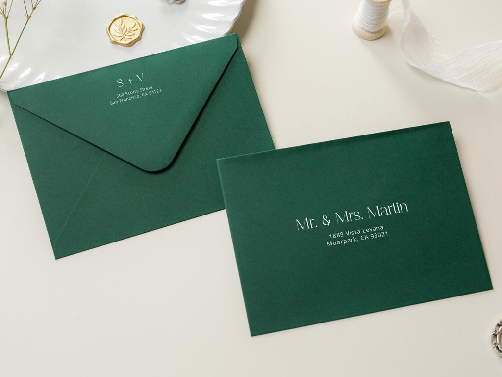 A7 envelope address printing (d5) - with white or black ink custom wedding guest invitation black navy green return envelopes personalized