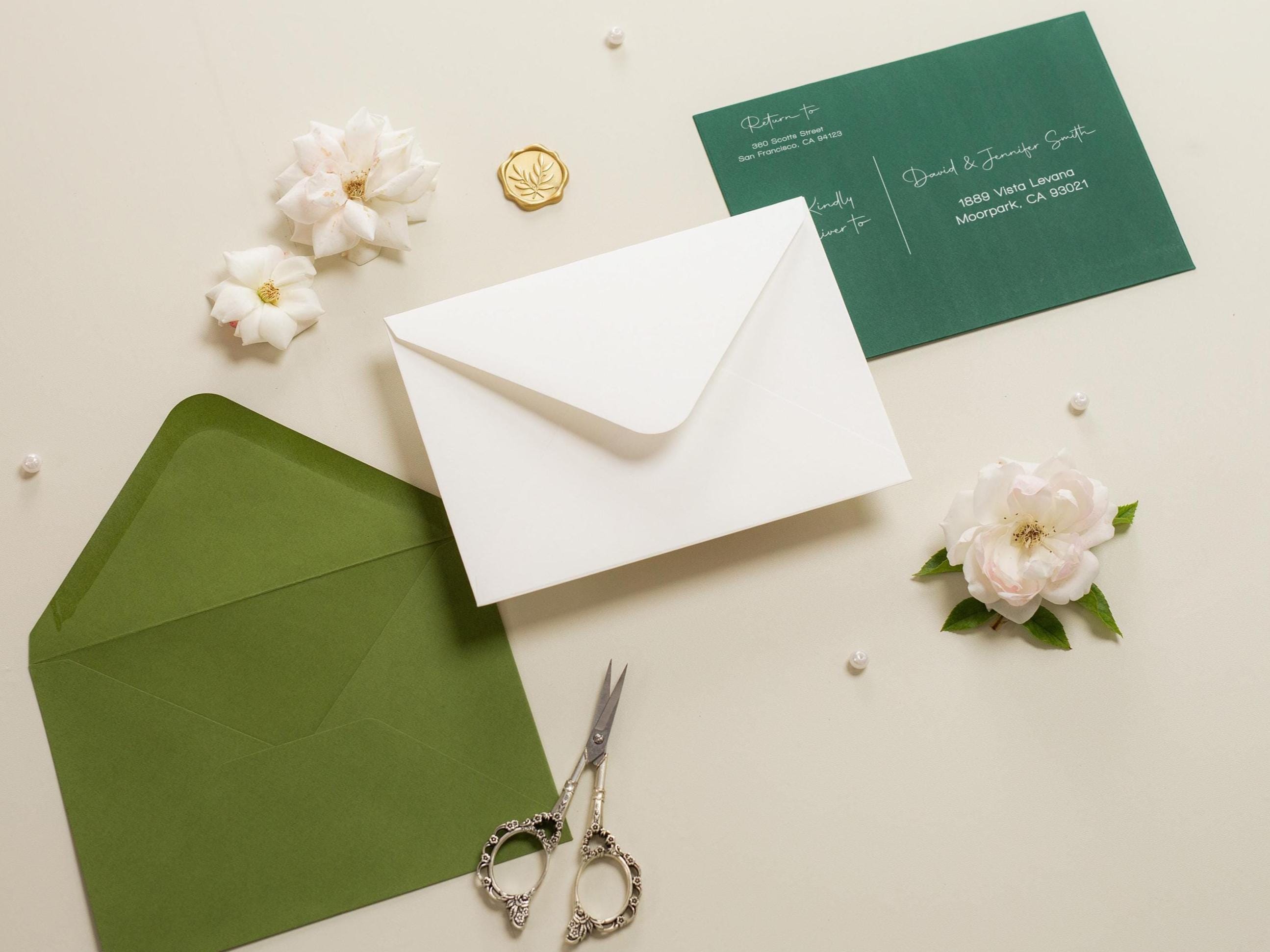A7 envelope address printing (d7) - with white or blank ink custom wedding guest invitation black navy green return envelopes personalized