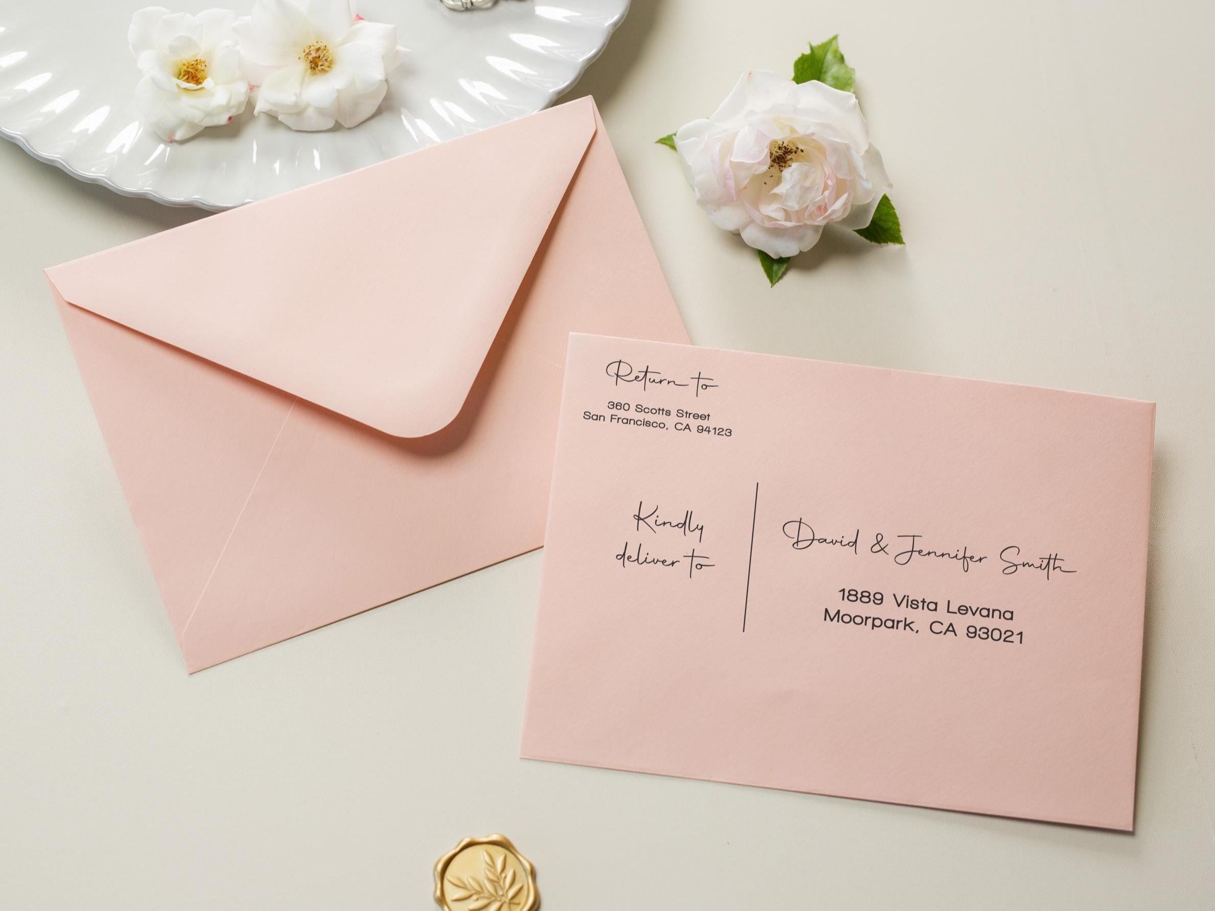 A7 envelope address printing (d7) - with white or blank ink custom wedding guest invitation black navy green return envelopes personalized