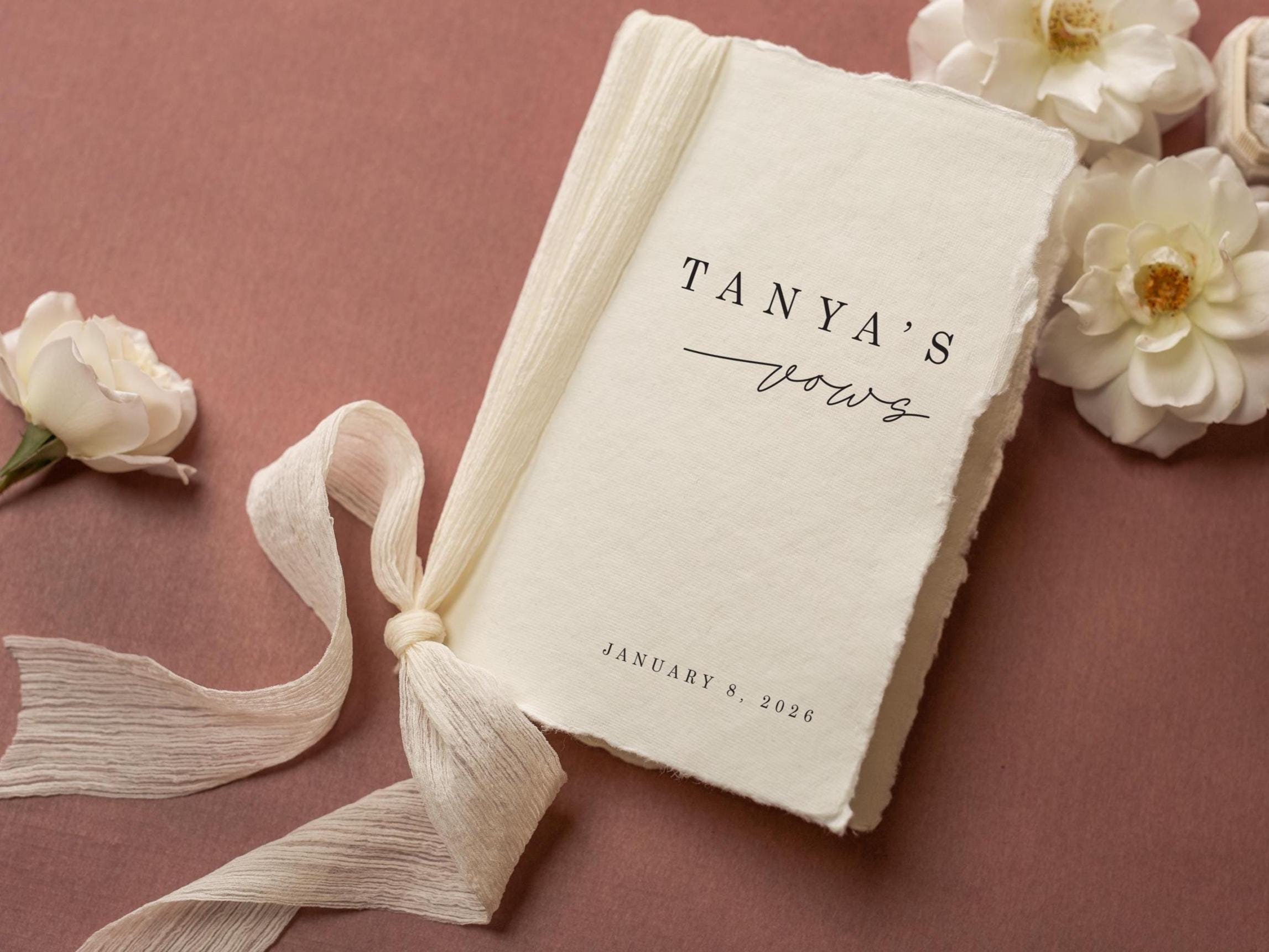 Personalized Deckled Edge Wedding Vow Booklets D5 - Set of 2, Vow Books w/ Ribbon, Vow Renewals, Husband Wife, Custom Names and Date, 5x7"