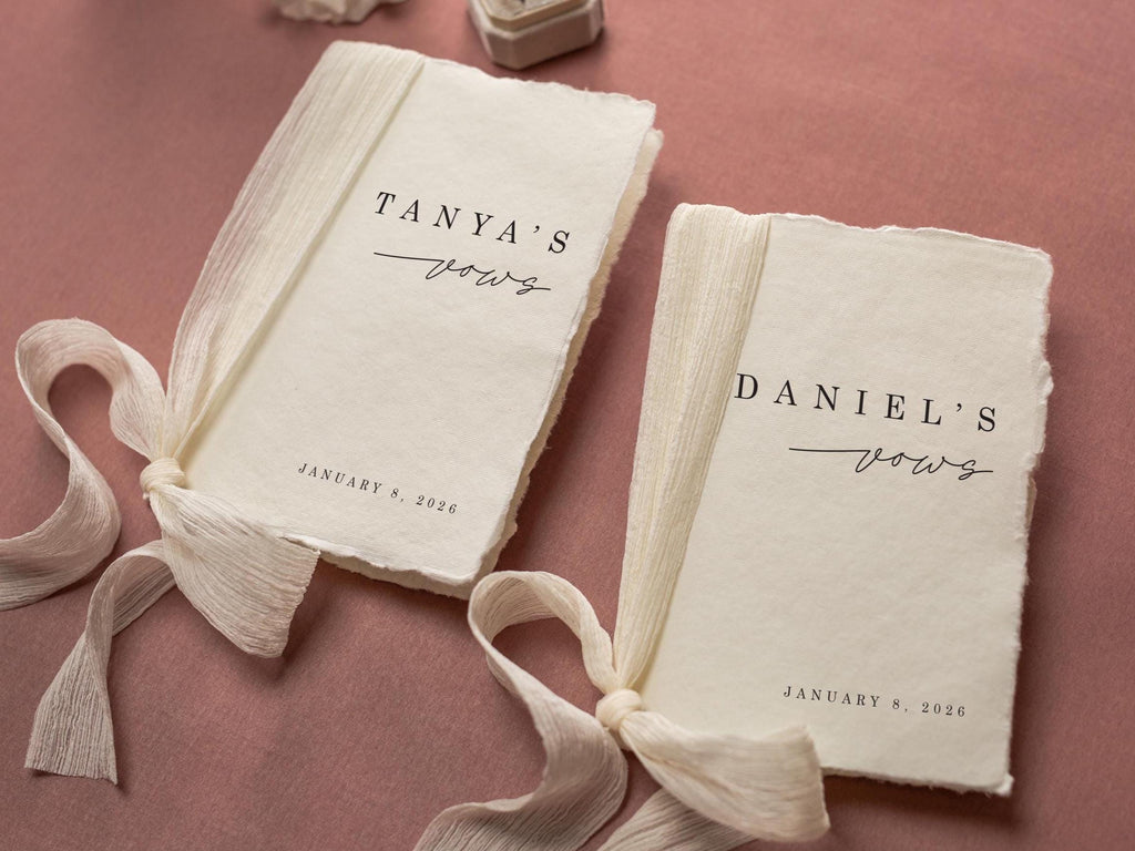 Personalized Deckled Edge Wedding Vow Booklets D5 - Set of 2, Vow Books w/ Ribbon, Vow Renewals, Husband Wife, Custom Names and Date, 5x7"