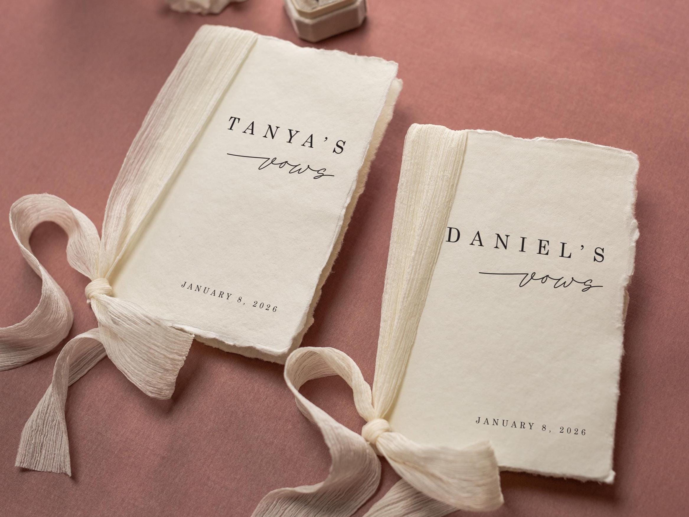 Personalized Deckled Edge Wedding Vow Booklets D5 - Set of 2, Vow Books w/ Ribbon, Vow Renewals, Husband Wife, Custom Names and Date, 5x7"