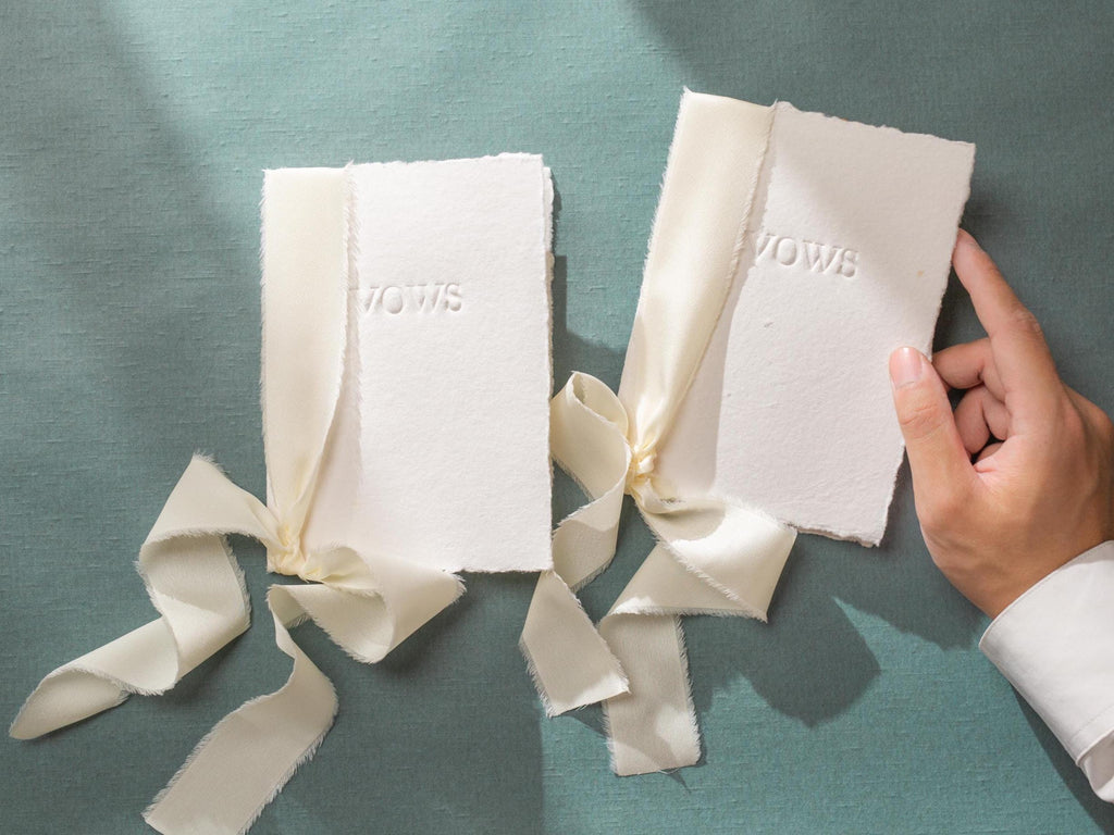 Embossed Deckled Edge Wedding Vow Booklets - Set of 2, Vow Books w/ Ribbon, Vow Renewals, Raw Edge Paper, Ready to Ship, 5x7"