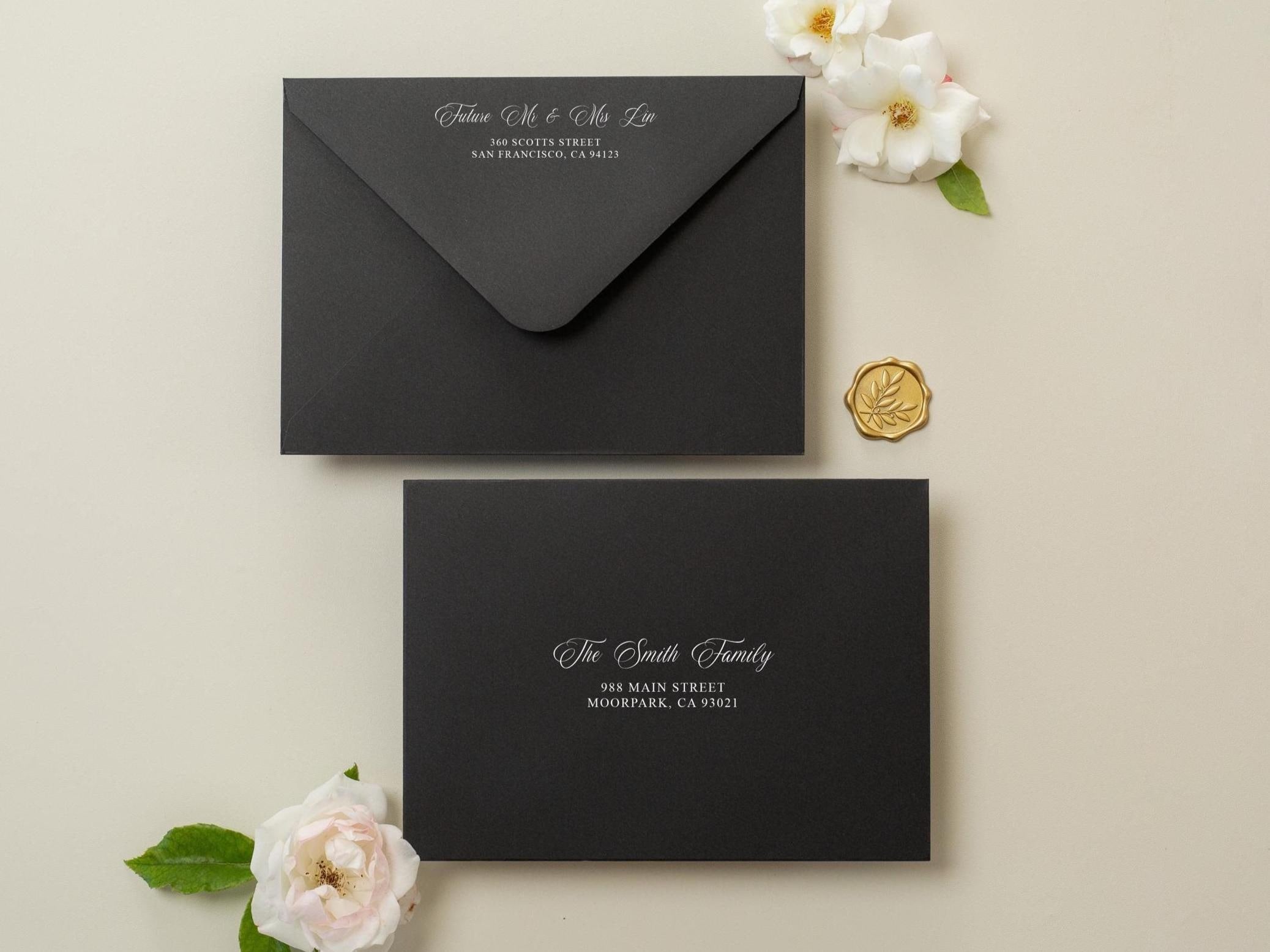 A7 envelope address printing (d2) - custom white or black ink printing guests names invitation return envelopes personalized black gray