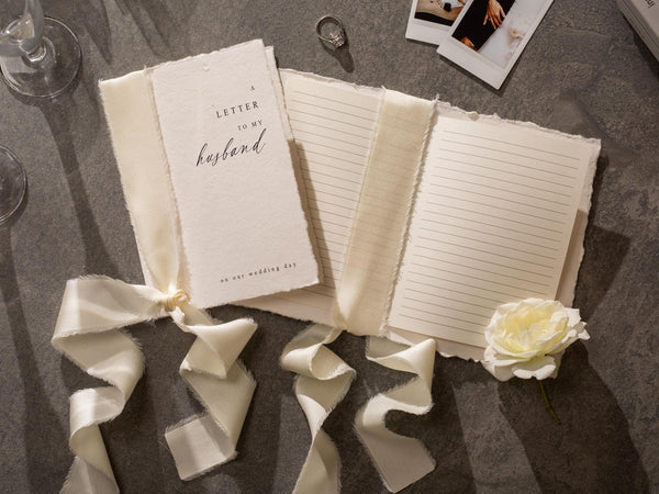 Deckled Edge Wedding Vows Booklets Ready-to-Ship (D7) - Set of 2, On Our Wedding Day, With Ribbon, Vow Renewals, Raw Edge Paper, 5x7"