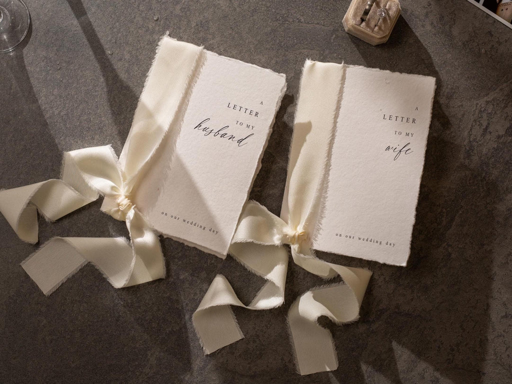 Deckled Edge Wedding Vows Booklets Ready-to-Ship (D7) - Set of 2, On Our Wedding Day, With Ribbon, Vow Renewals, Raw Edge Paper, 5x7"