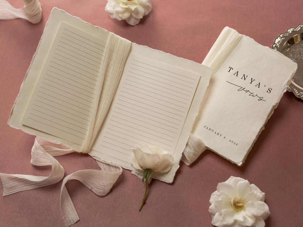 Personalized Deckled Edge Wedding Vow Booklets D5 - Set of 2, Vow Books w/ Ribbon, Vow Renewals, Husband Wife, Custom Names and Date, 5x7"