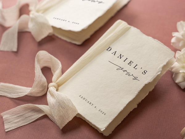 Personalized Deckled Edge Wedding Vow Booklets D5 - Set of 2, Vow Books w/ Ribbon, Vow Renewals, Husband Wife, Custom Names and Date, 5x7"