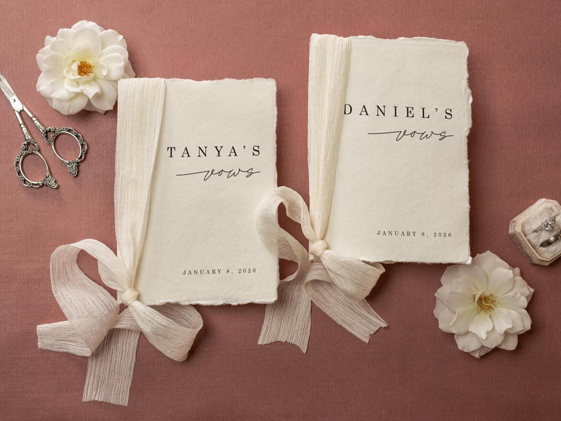 Personalized Deckled Edge Wedding Vow Booklets D5 - Set of 2, Vow Books w/ Ribbon, Vow Renewals, Husband Wife, Custom Names and Date, 5x7"