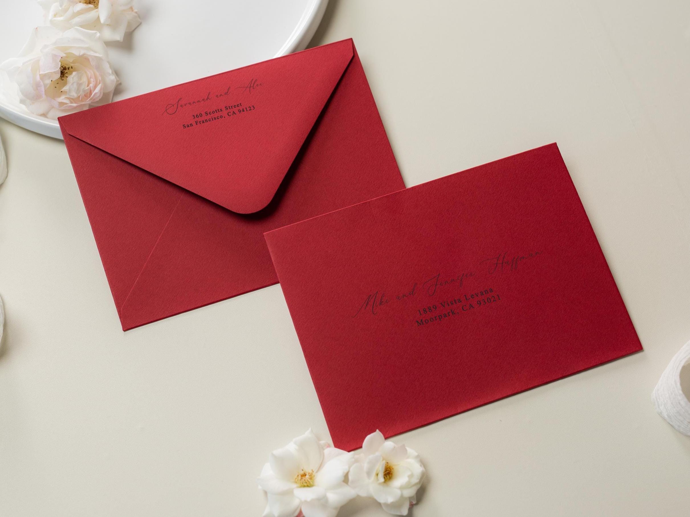 A7 envelope address printing (d4) - custom white or black ink wedding guests invitation events bold colors return envelopes personalized