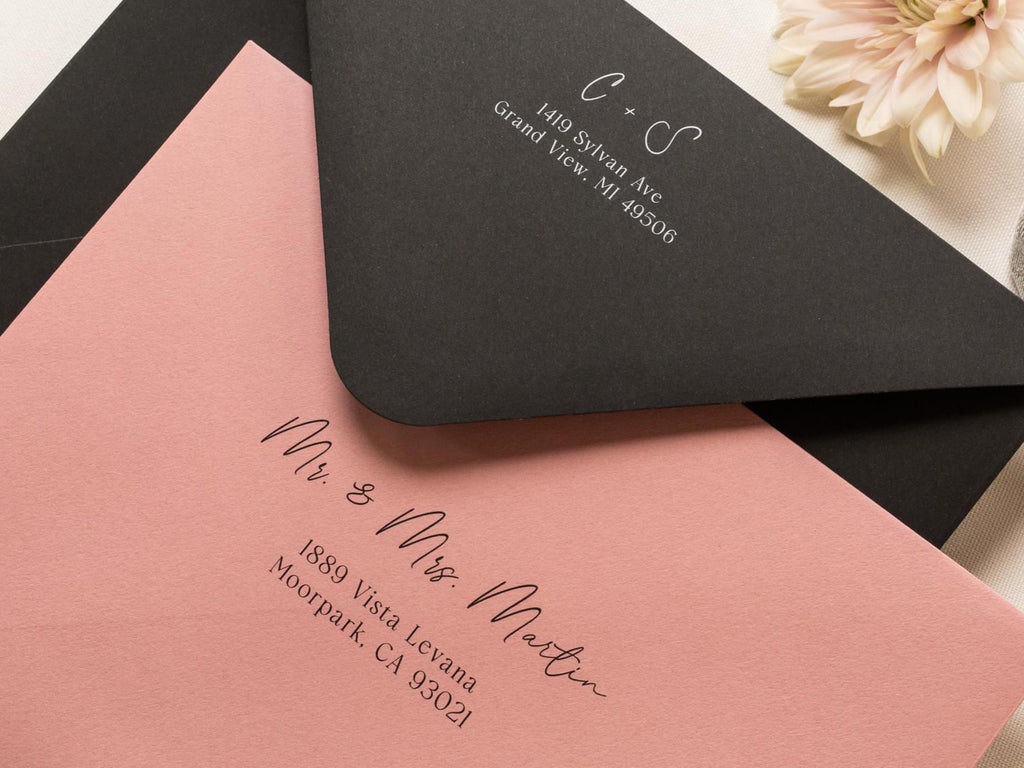 A7 envelope address printing (d1) - with white or black ink custom wedding guest invitation black navy green return envelopes personalized