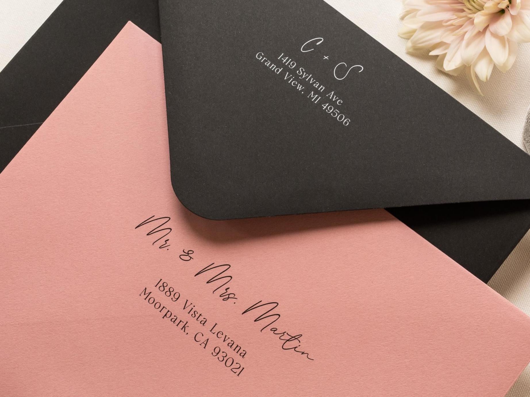 A7 envelope address printing (d1) - with white or black ink custom wedding guest invitation black navy green return envelopes personalized