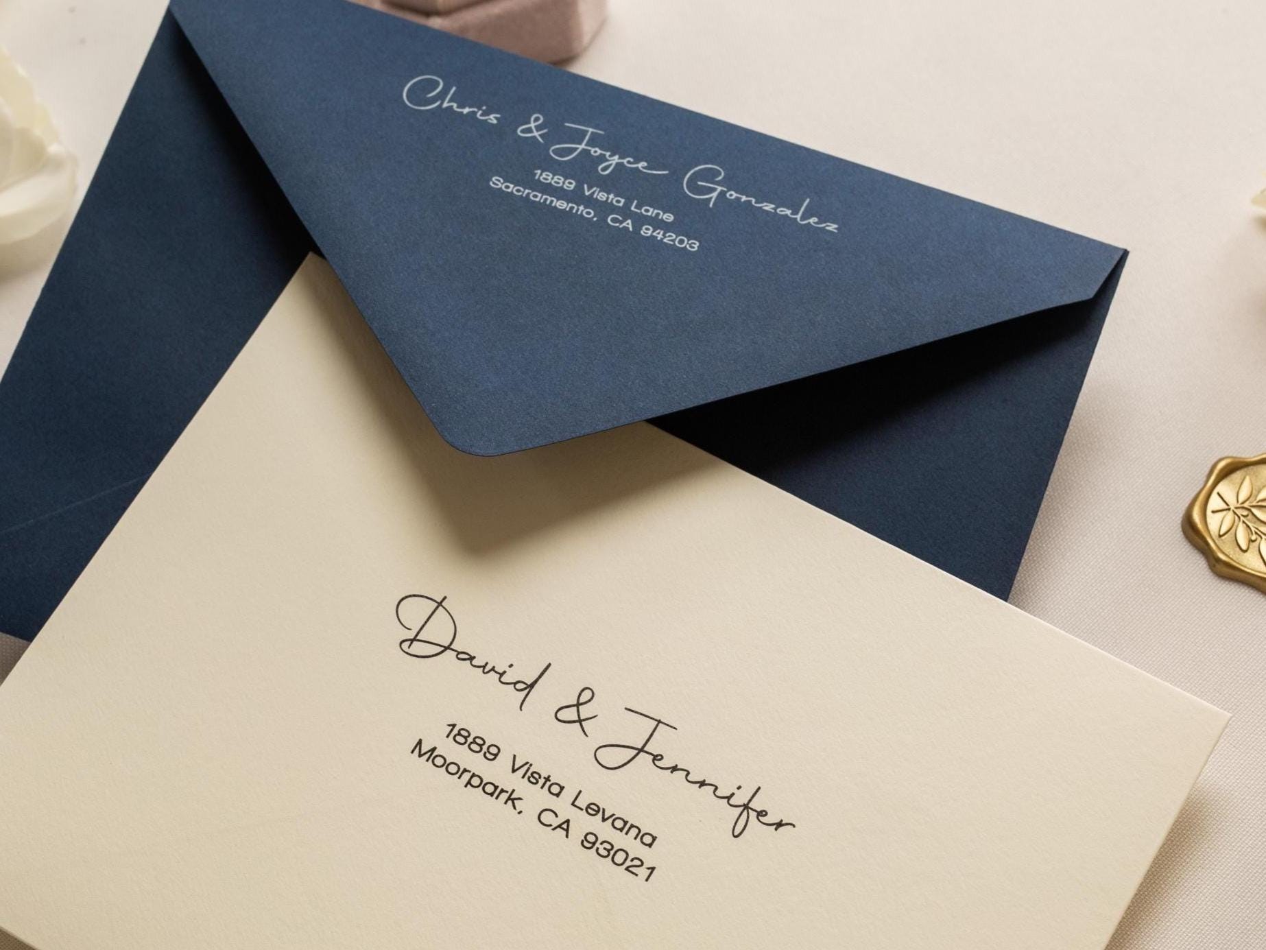 A7 envelope address printing (d3) - with white or black ink custom wedding guest invitation black navy green return envelopes personalized