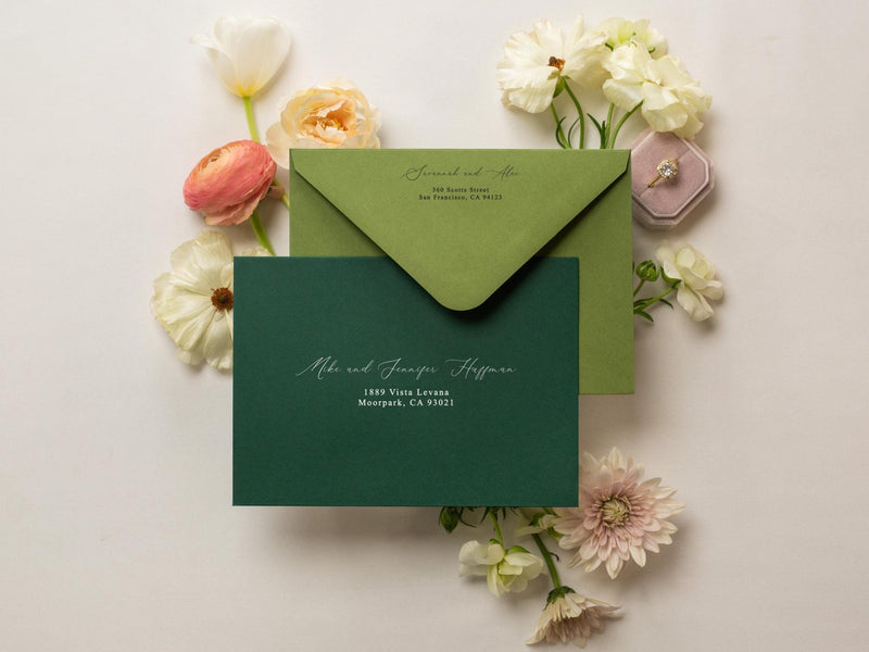 A7 envelope address printing (d4) - with white or black ink custom wedding guest invitation black navy green return envelopes personalized