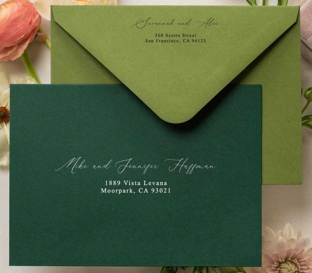 A7 envelope address printing (d4) - with white or black ink custom wedding guest invitation black navy green return envelopes personalized