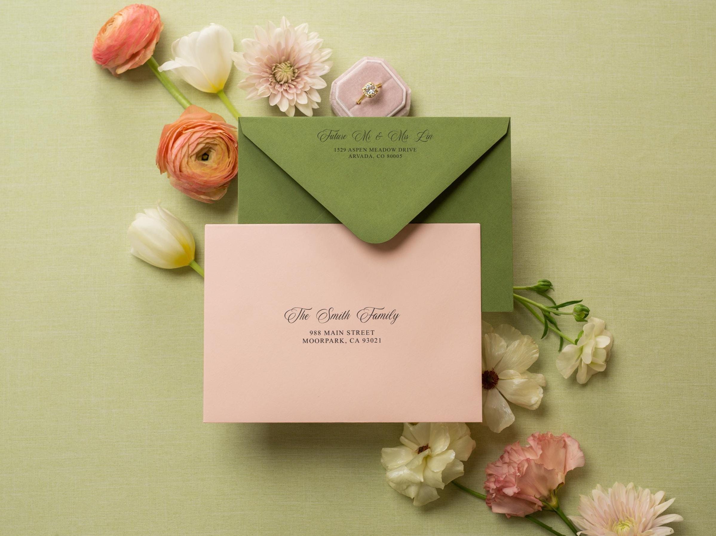 A7 envelope address printing (d2) - with white or black ink custom wedding guest invitation black navy green return envelopes personalized