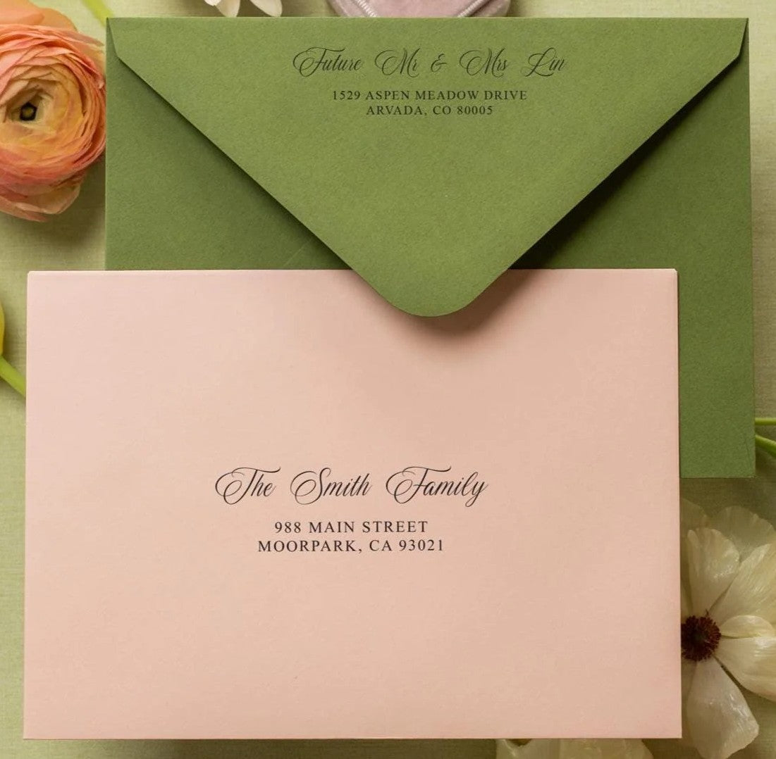 A7 envelope address printing (d2) - with white or black ink custom wedding guest invitation black navy green return envelopes personalized