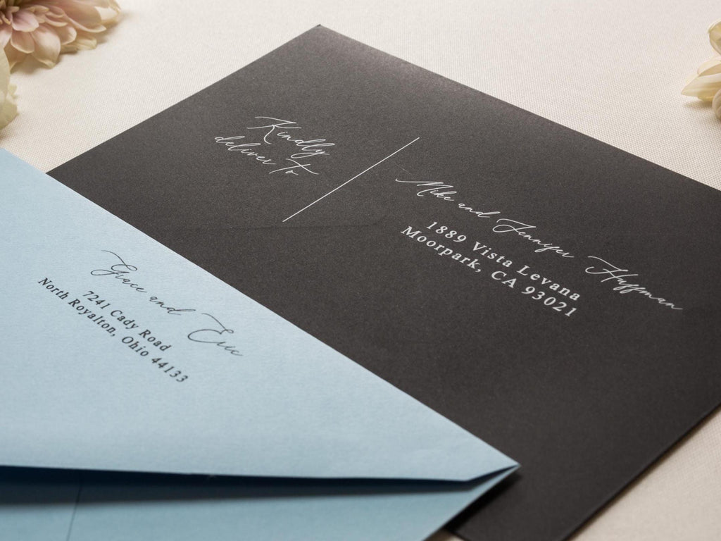 A7 envelope address printing (d6) - with white or blank ink custom wedding guest invitation black navy green return envelopes personalized