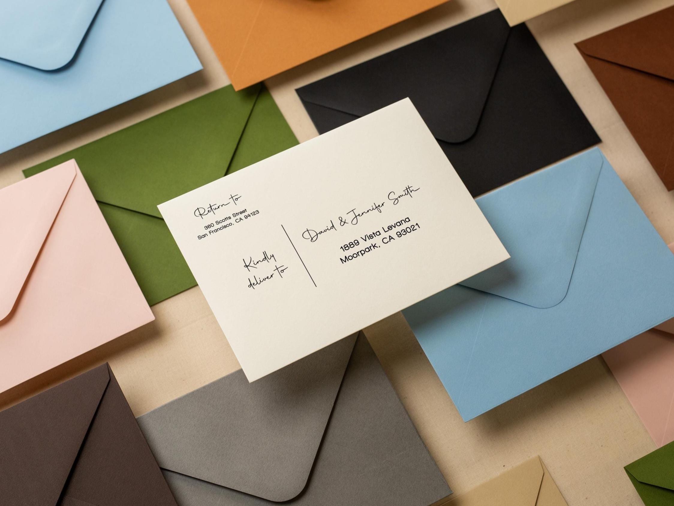 A7 envelope address printing (d7) - with white or blank ink custom wedding guest invitation black navy green return envelopes personalized