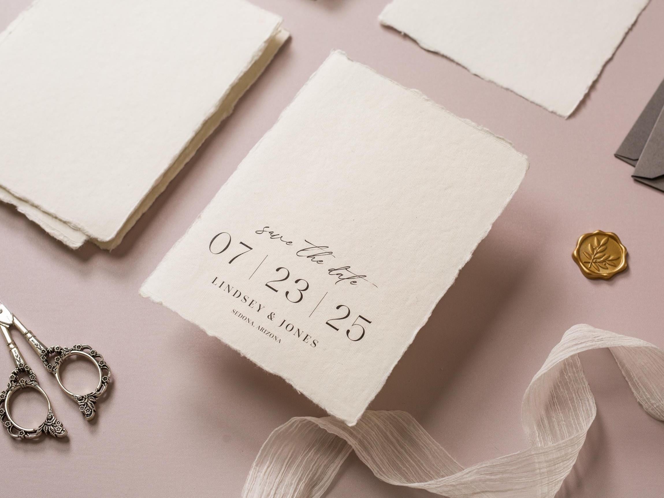 Printed Deckled Edge Save-the-Date Cards (D1) - 5x7 Custom Bulk Wedding Stationary Raw Edge on Thick Cotton Paper, Optional A7 Envelopes