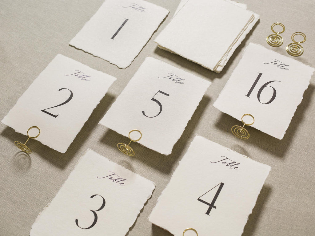 Set of 10 Deckle Edge Table Numbers - Ready to Ship with Optional Stands, Wedding Reception Event Signage, Minimalist Table Setting, 5x7