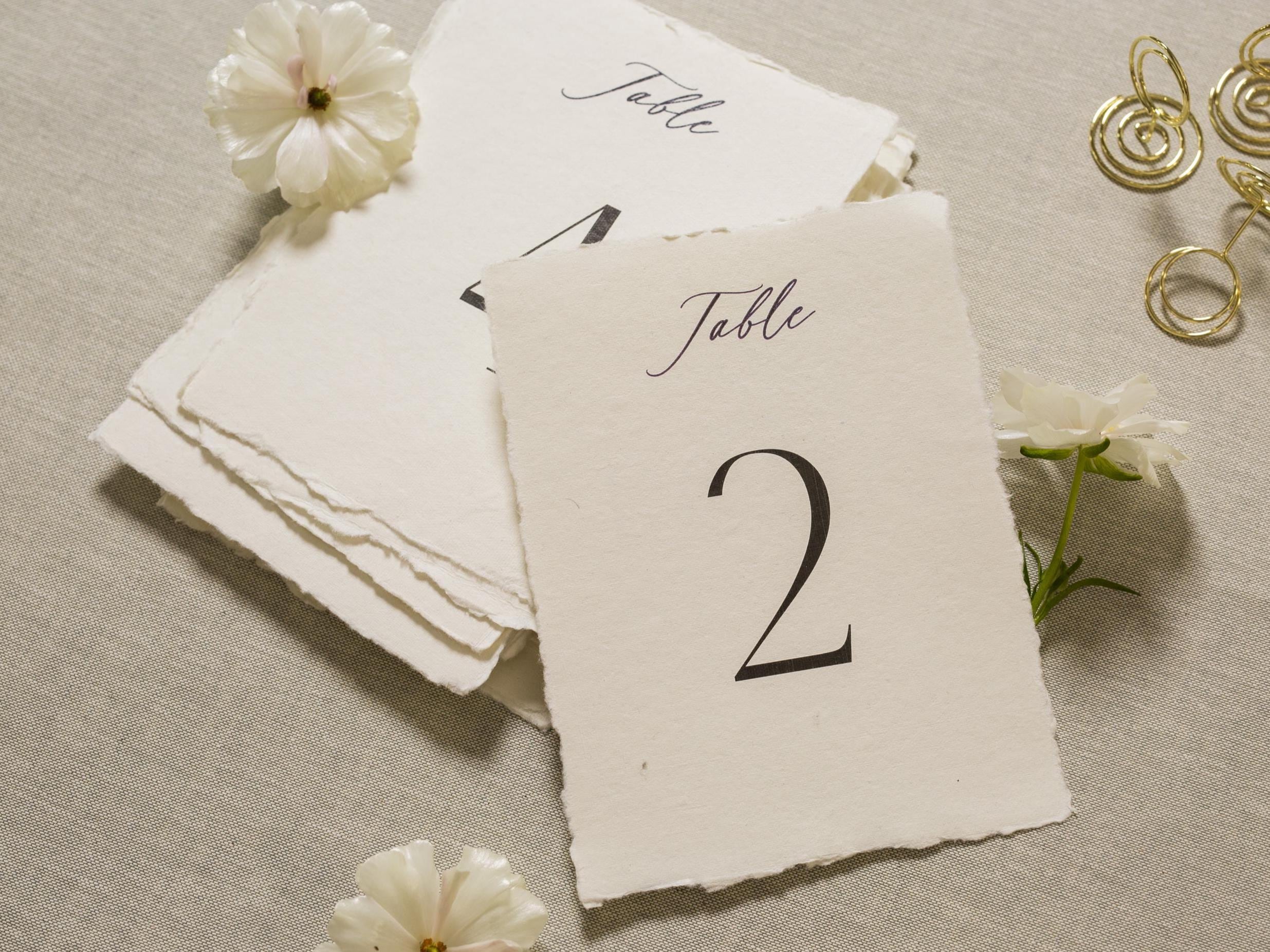 Set of 10 Deckle Edge Table Numbers - Ready to Ship with Optional Stands, Wedding Reception Event Signage, Minimalist Table Setting, 5x7
