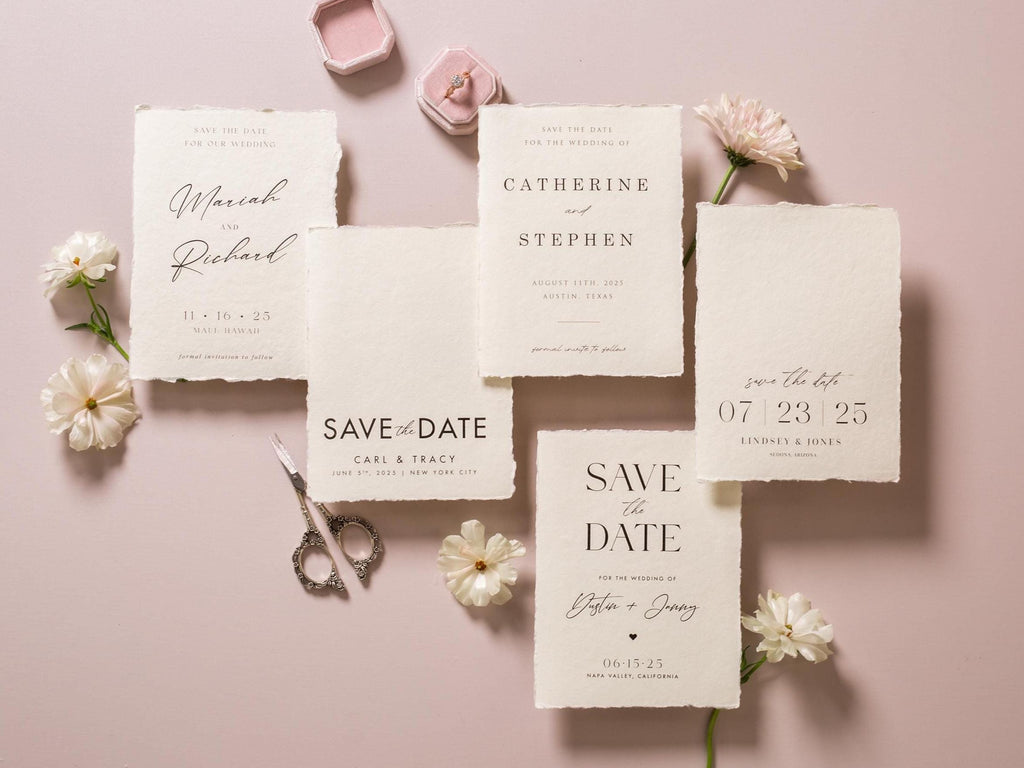 Printed Deckle Edge Save-the-Date Cards (D4) - 5x7 Custom Wedding Invitation Cards, Raw Edge Cotton Paper, w/ Optional Envelopes A7