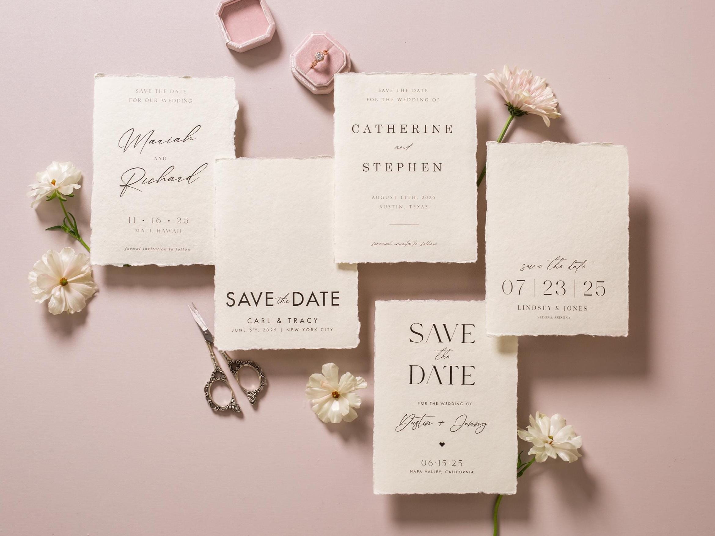 Printed Deckle Edge Save-the-Date Cards (D4) - 5x7 Custom Wedding Invitation Cards, Raw Edge Cotton Paper, w/ Optional Envelopes A7