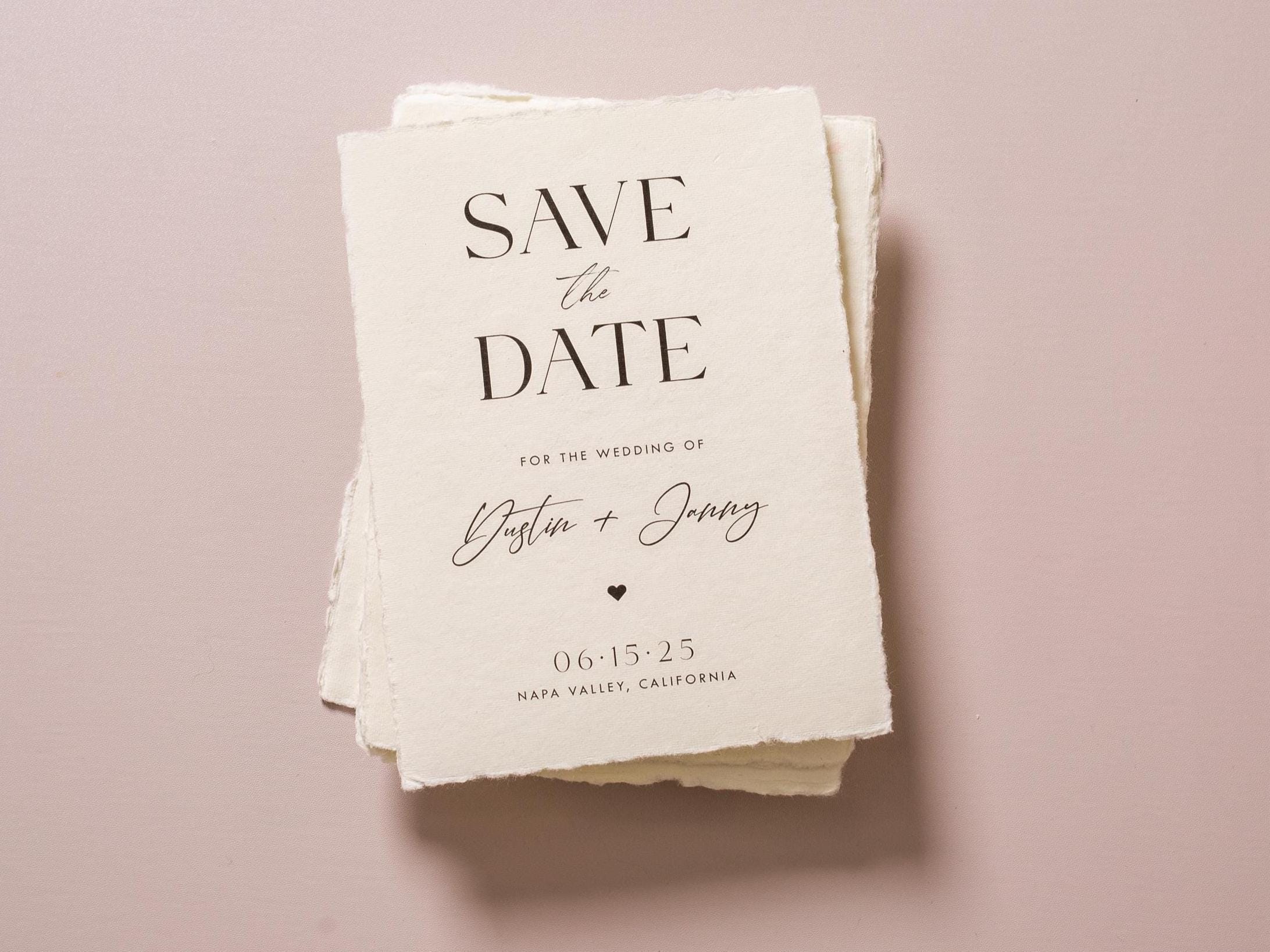 Printed Deckled Edge Save-the-Date Cards (D2) - 5x7 Custom Wedding Stationary Raw Edge on Thick Cotton Paper, w/ Optional A7 Envelopes