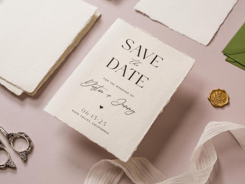 Printed Deckled Edge Save-the-Date Cards (D2) - 5x7 Custom Wedding Stationary Raw Edge on Thick Cotton Paper, w/ Optional A7 Envelopes