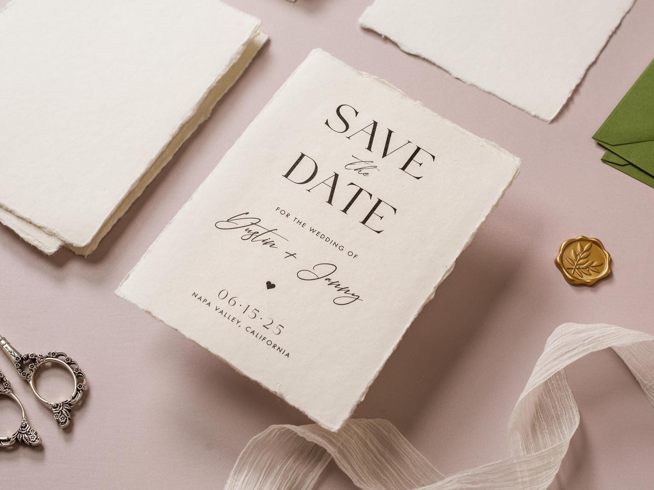 Printed Deckled Edge Save-the-Date Cards (D2) - 5x7 Custom Wedding Stationary Raw Edge on Thick Cotton Paper, w/ Optional A7 Envelopes