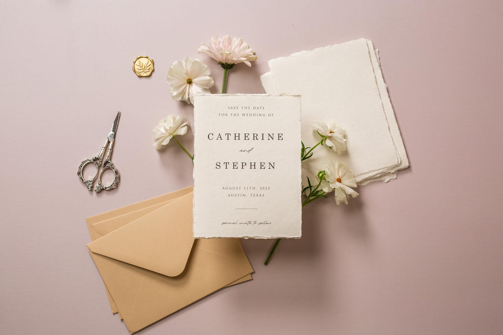 Printed Deckle Edge Save-the-Date Cards (D4) - 5x7 Custom Wedding Invitation Cards, Raw Edge Cotton Paper, w/ Optional Envelopes A7