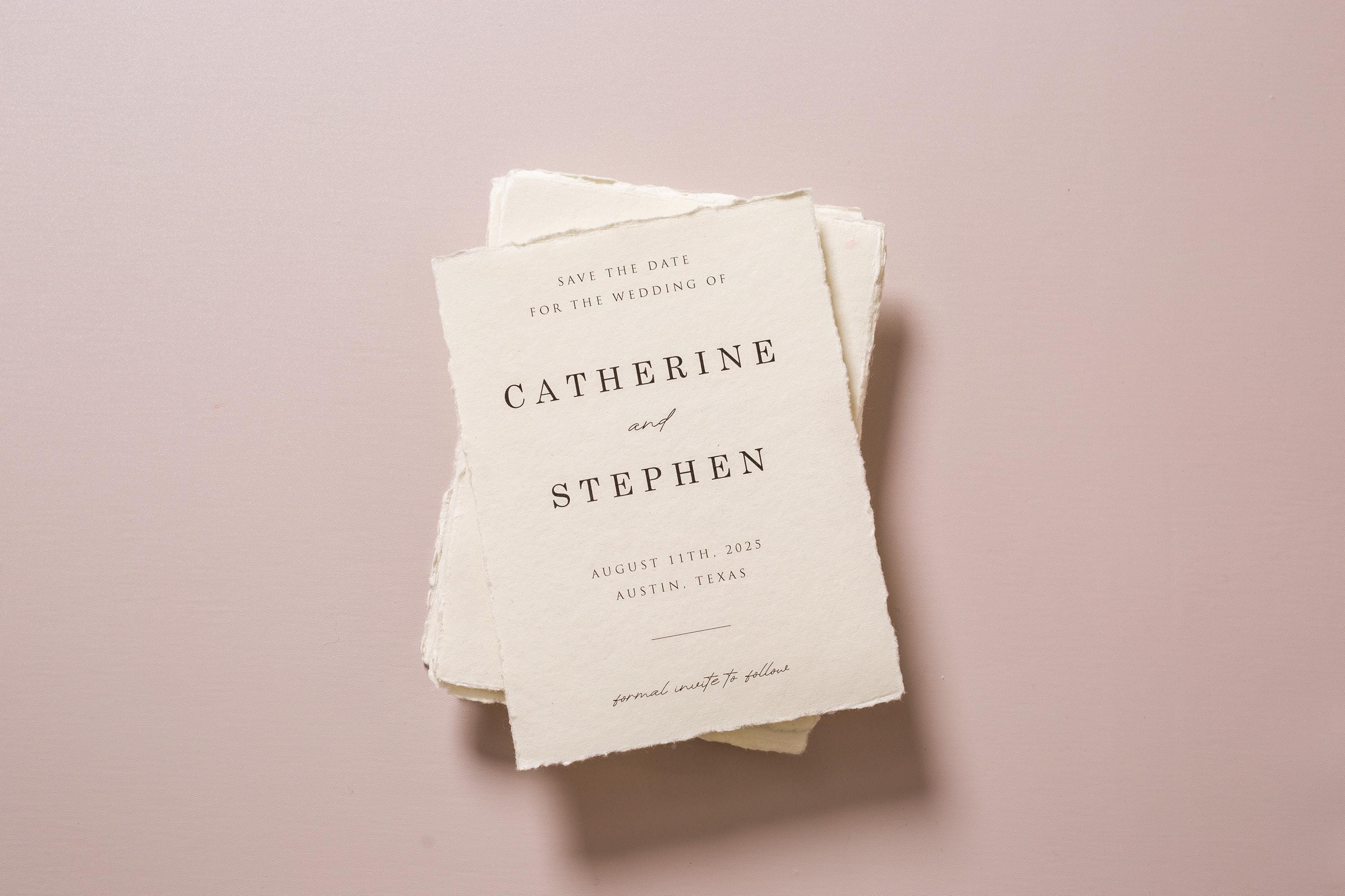 Printed Deckle Edge Save-the-Date Cards (D4) - 5x7 Custom Wedding Invitation Cards, Raw Edge Cotton Paper, w/ Optional Envelopes A7