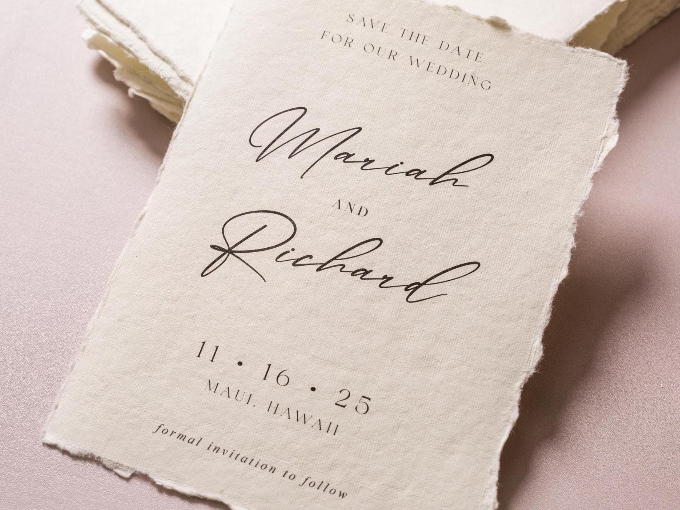 Printed Deckled Edge Save-the-Date Cards (D5) - 5x7 Custom Cards Stationary on Raw Edge Cotton Paper for Weddings, W/ Optional A7 Envelopes