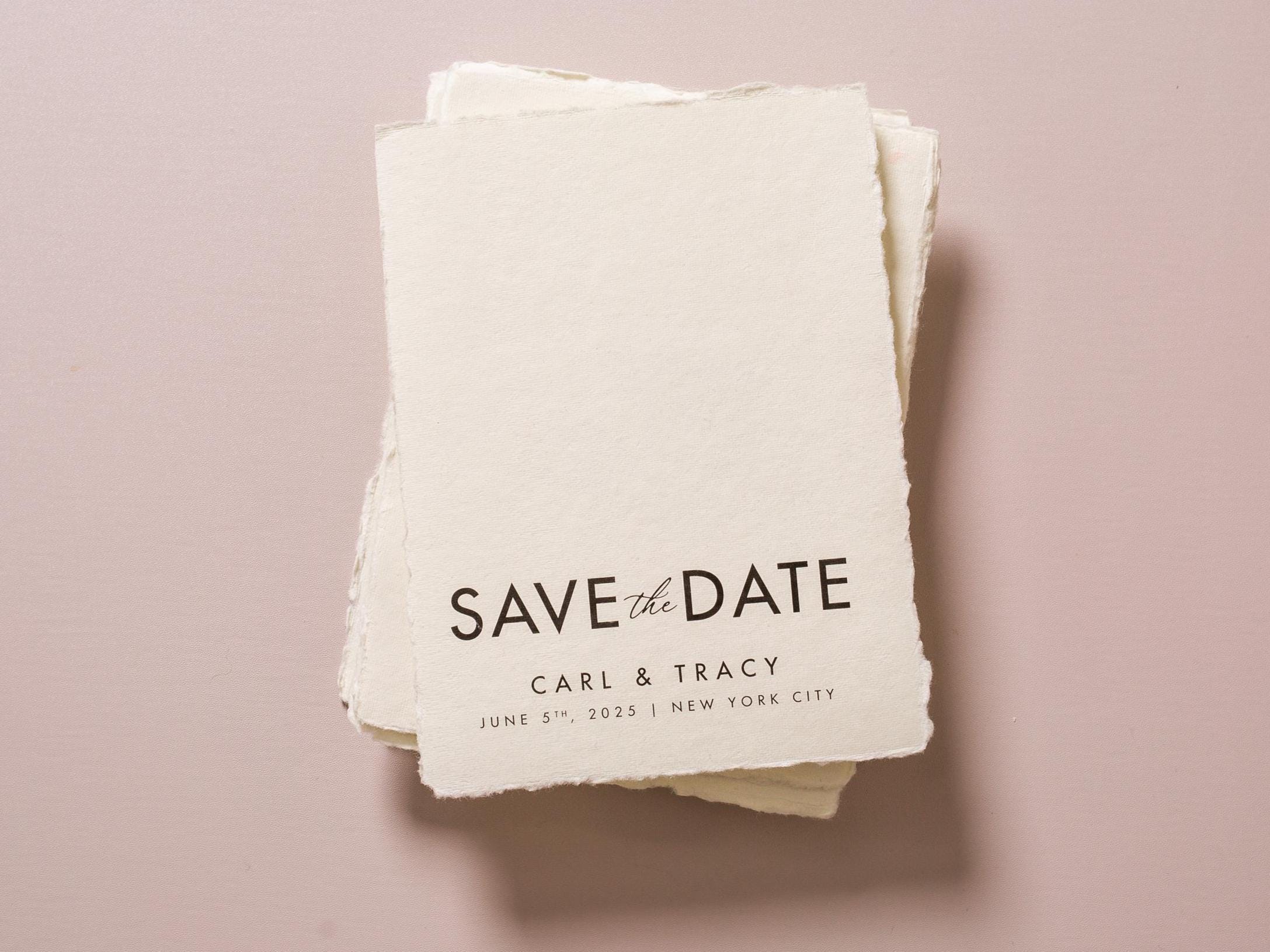 Printed Deckle Edge Save-the-Date Cards (D6) - 5x7 Custom wedding save the date stationary raw edge on thick cotton paper optional envelopes