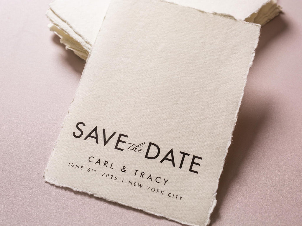 Printed Deckle Edge Save-the-Date Cards (D6) - 5x7 Custom wedding save the date stationary raw edge on thick cotton paper optional envelopes