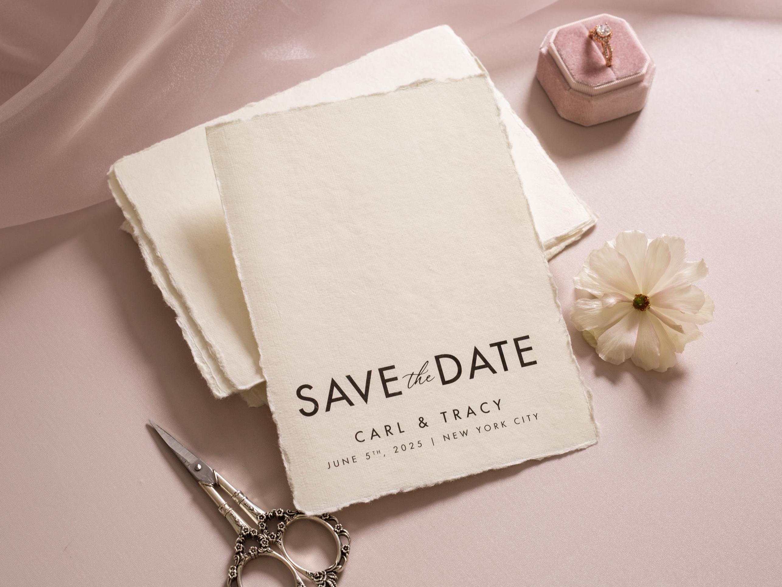 Printed Deckle Edge Save-the-Date Cards (D6) - 5x7 Custom wedding save the date stationary raw edge on thick cotton paper optional envelopes