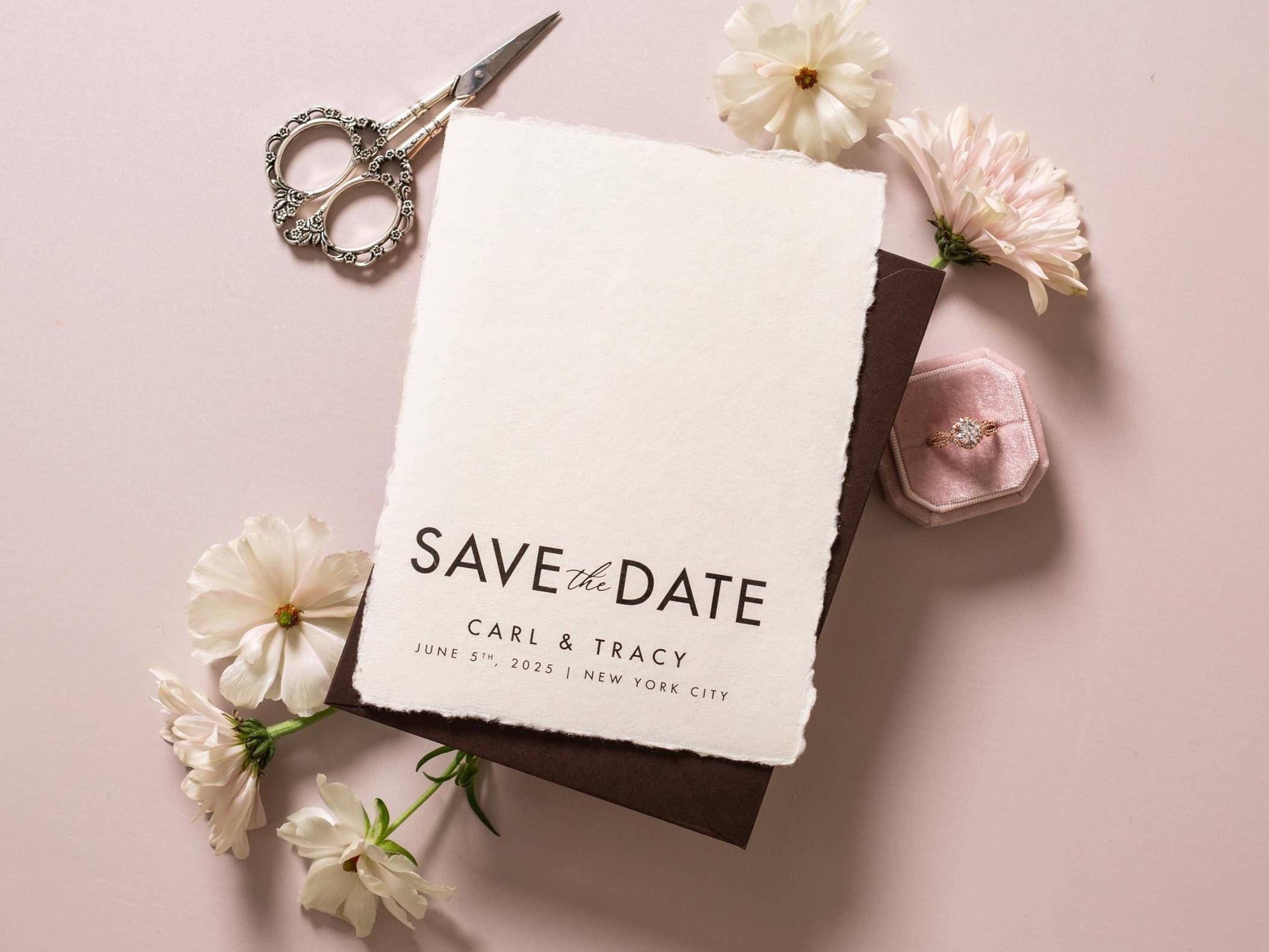 Printed Deckle Edge Save-the-Date Cards (D6) - 5x7 Custom wedding save the date stationary raw edge on thick cotton paper optional envelopes