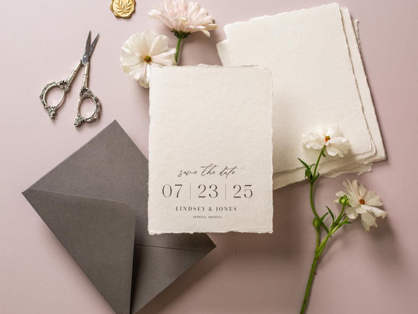 Printed Deckled Edge Save-the-Date Cards (D1) - 5x7 Custom Bulk Wedding Stationary Raw Edge on Thick Cotton Paper, Optional A7 Envelopes