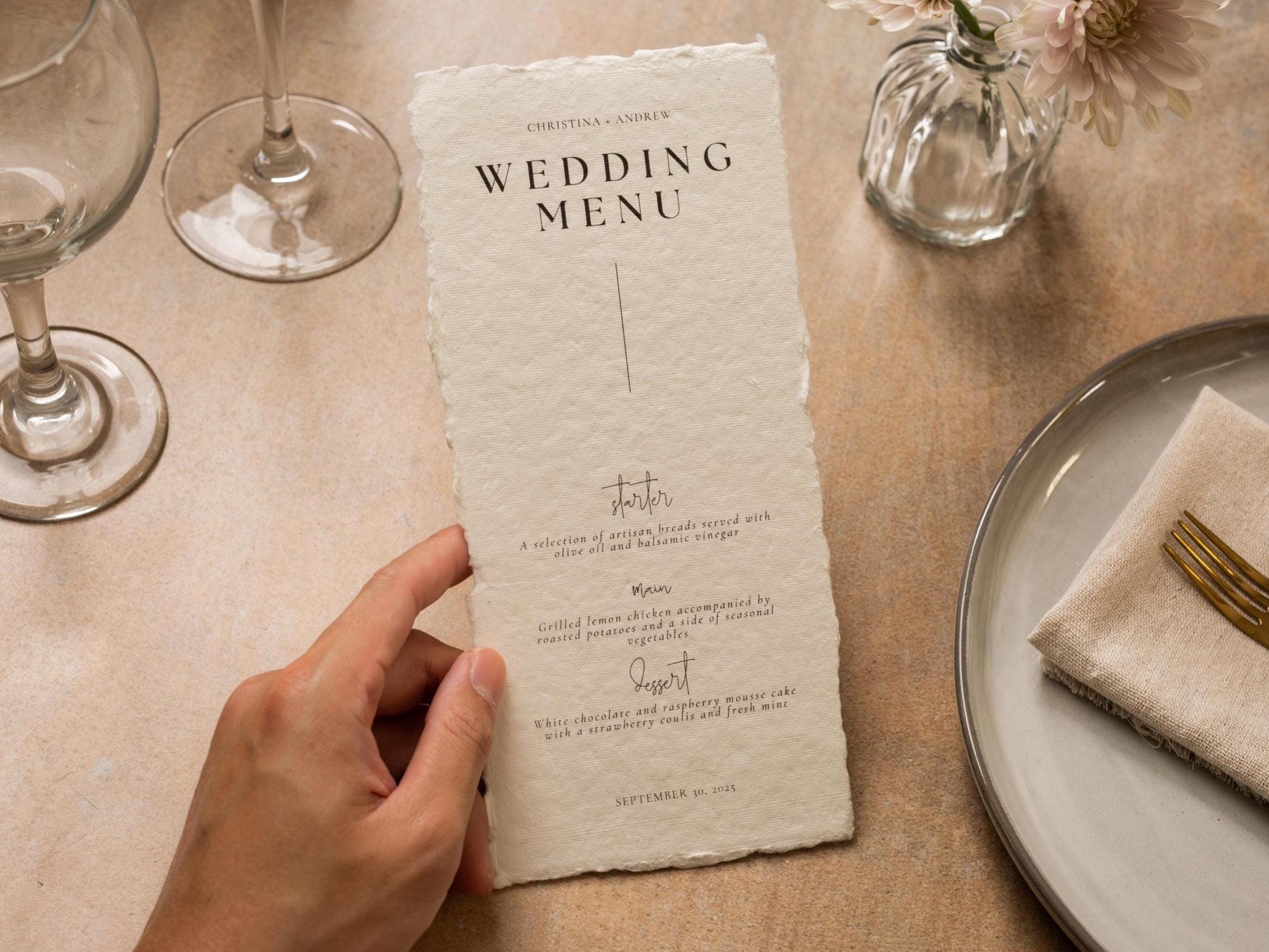 Printed Deckled Edge Wedding Menu - Customizable Thick Raw 100% Cotton Paper for Wedding Reception, Bridal Shower, Engagement Party, 4x9.25"
